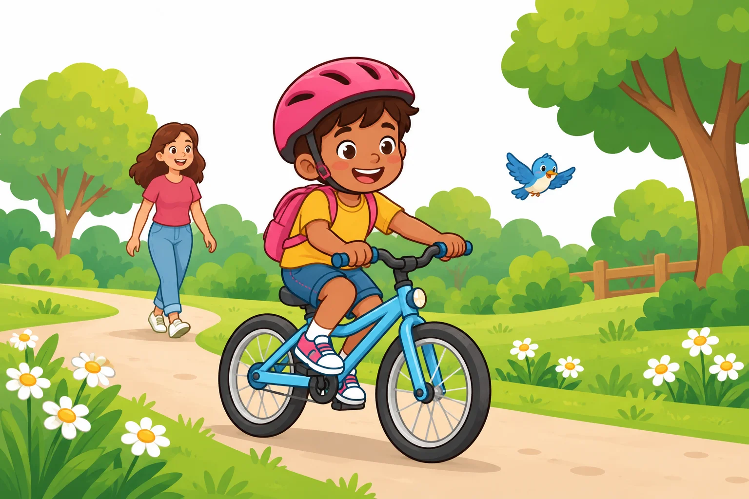 O Kiko, com capacete, a pedalar num caminho de um parque, acompanhado por um adulto.