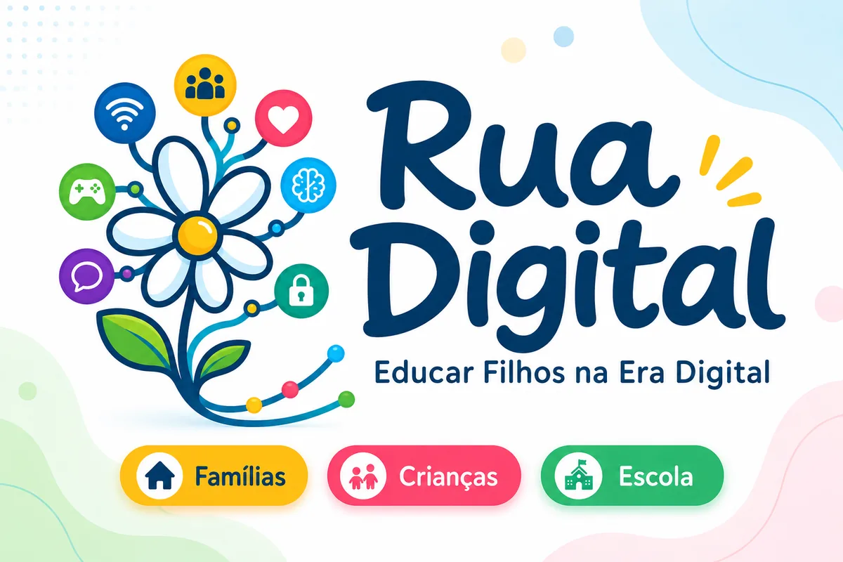 Marca Rua Digital - Educar Filhos na Era Digital: uma margarida de onde saem ícones de wi-fi, jogos, conversa e cadeado, e as três zonas Famílias, Crianças e Escola.